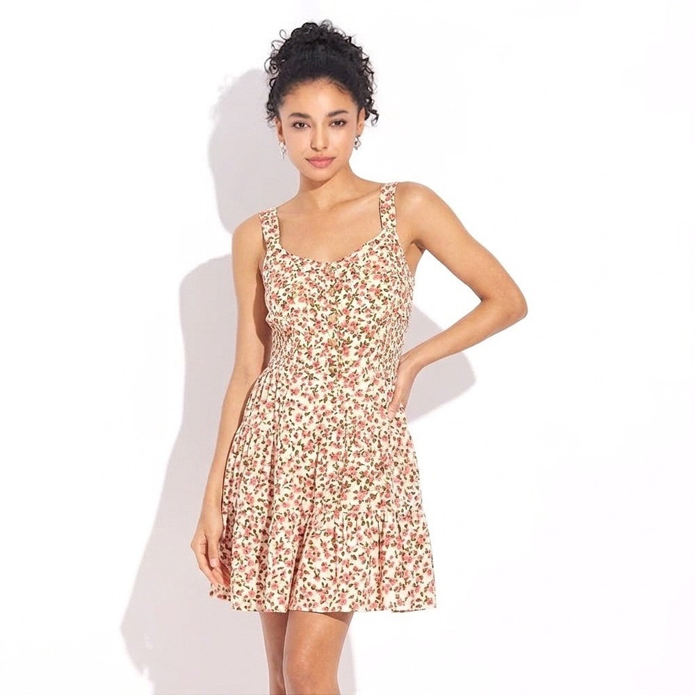Pink Coquette y2k Wild Fable Mini Dress Floral Smocked Button Front 100% Rayon L